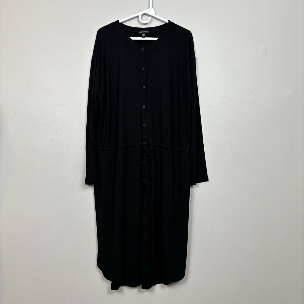 Eileen Fisher Dress Womens Lg Black Viscose Jersey Shirt Dress Pockets U.S.A.